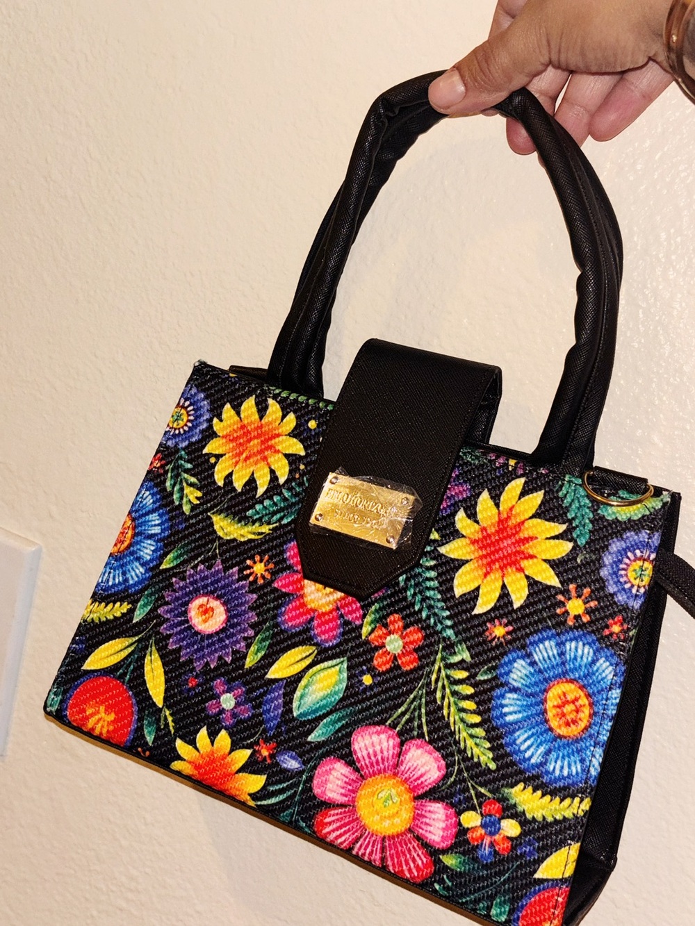 Floral Embroidered Black Tote Bag with Multicolor Flowers